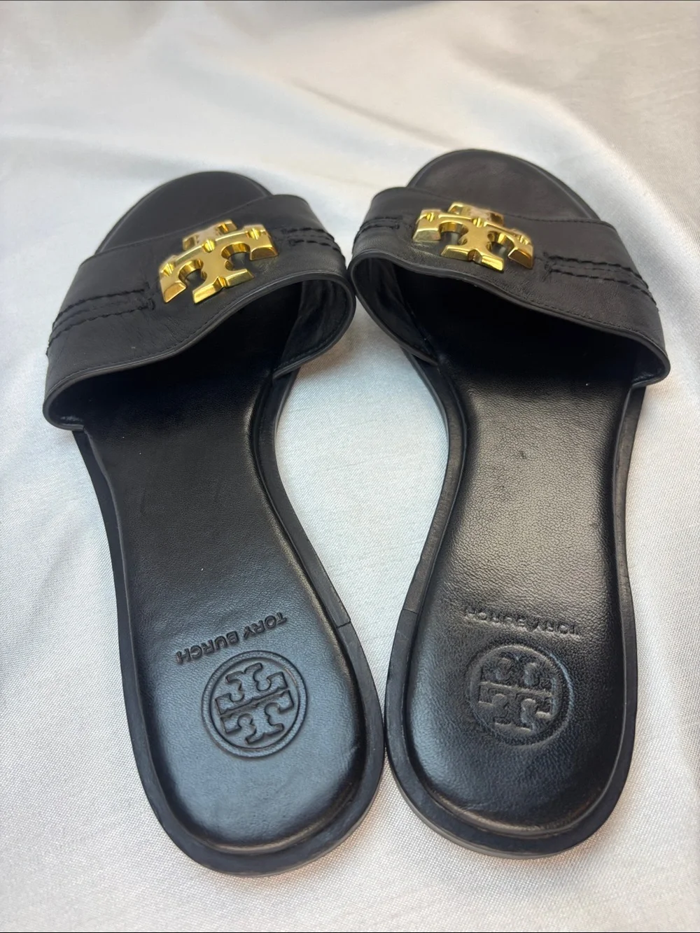 Tory Burch Black Leather Slides with Gold Double-T Emblem